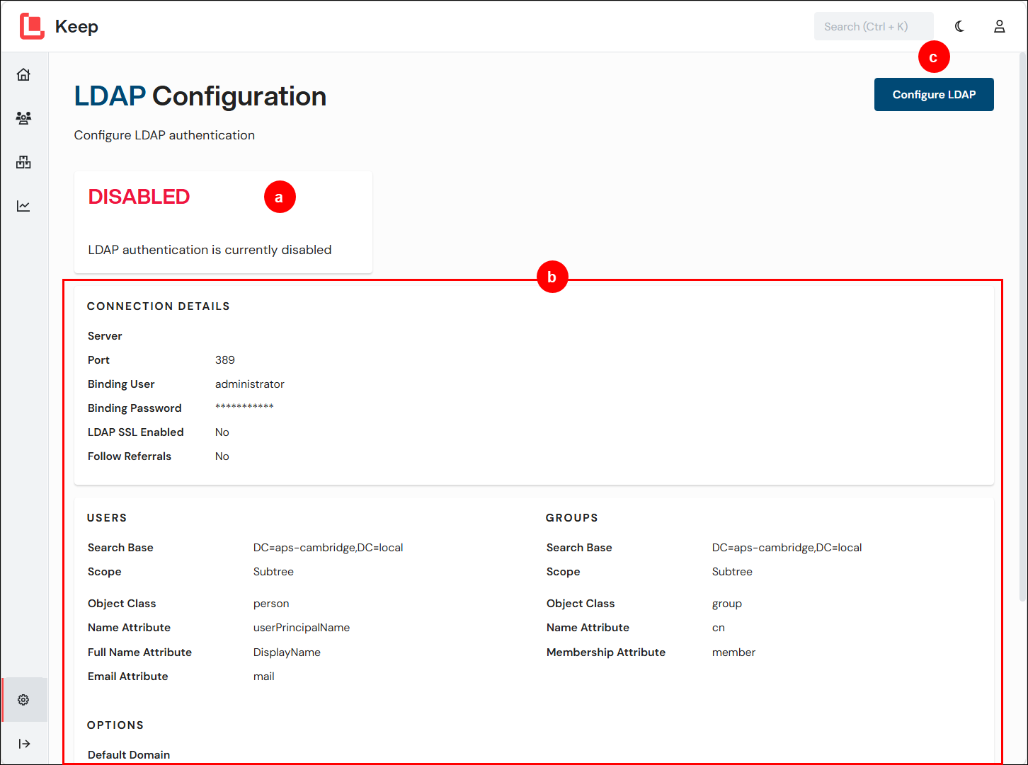 The position of various elements of the LDAP Configuration page.